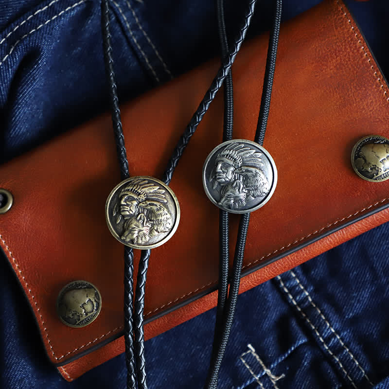 Cowboy Carving Indian Chief Head Bolo Tie