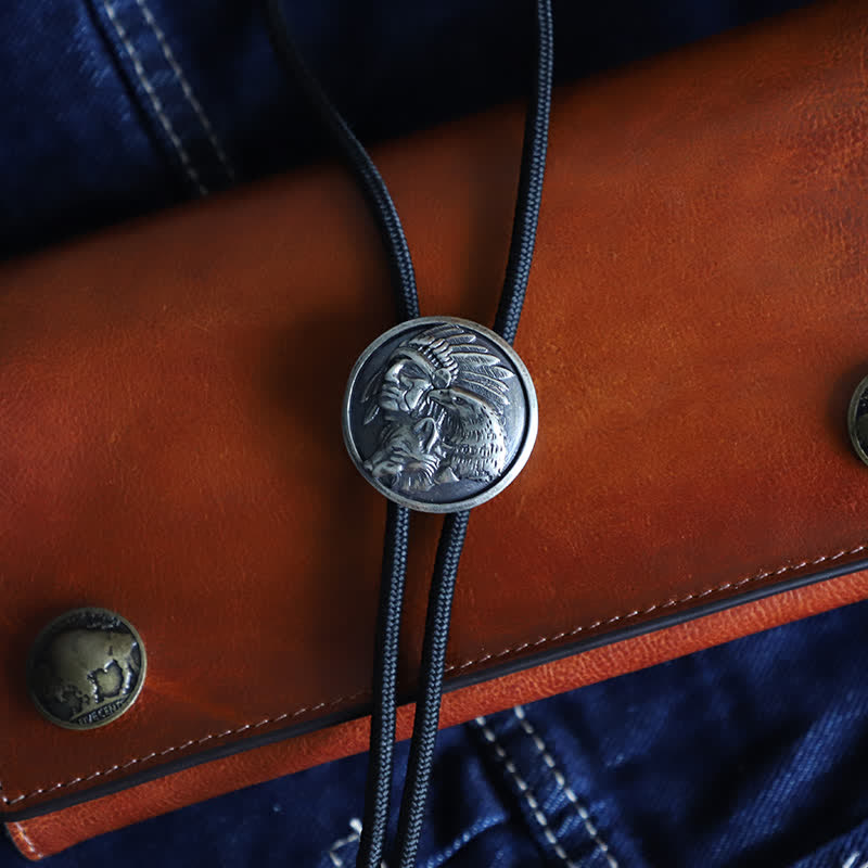 Cowboy Carving Indian Chief Head Bolo Tie