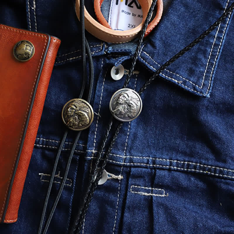 Cowboy Carving Indian Chief Head Bolo Tie