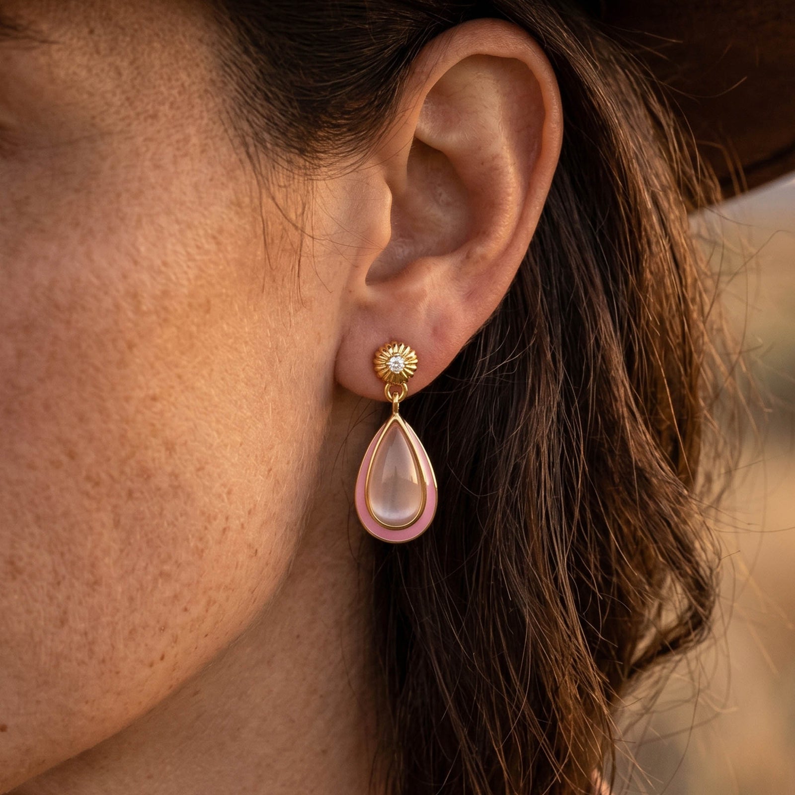 Ripple Teardrop Earrings - Rose Quartz
