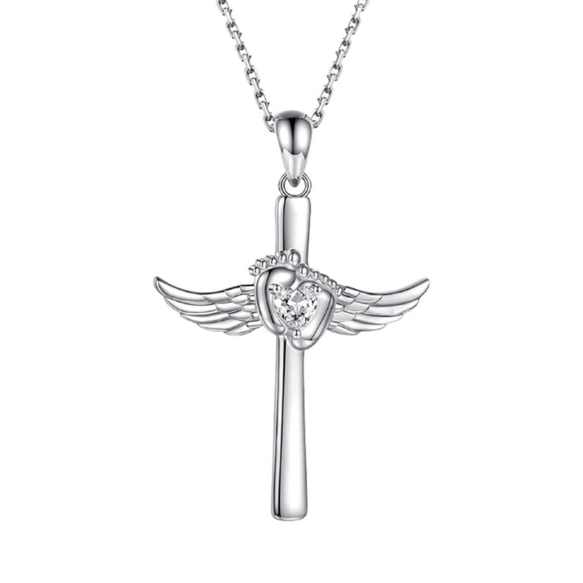 Angel Wings Baby Footprint Cross Pendant Necklace