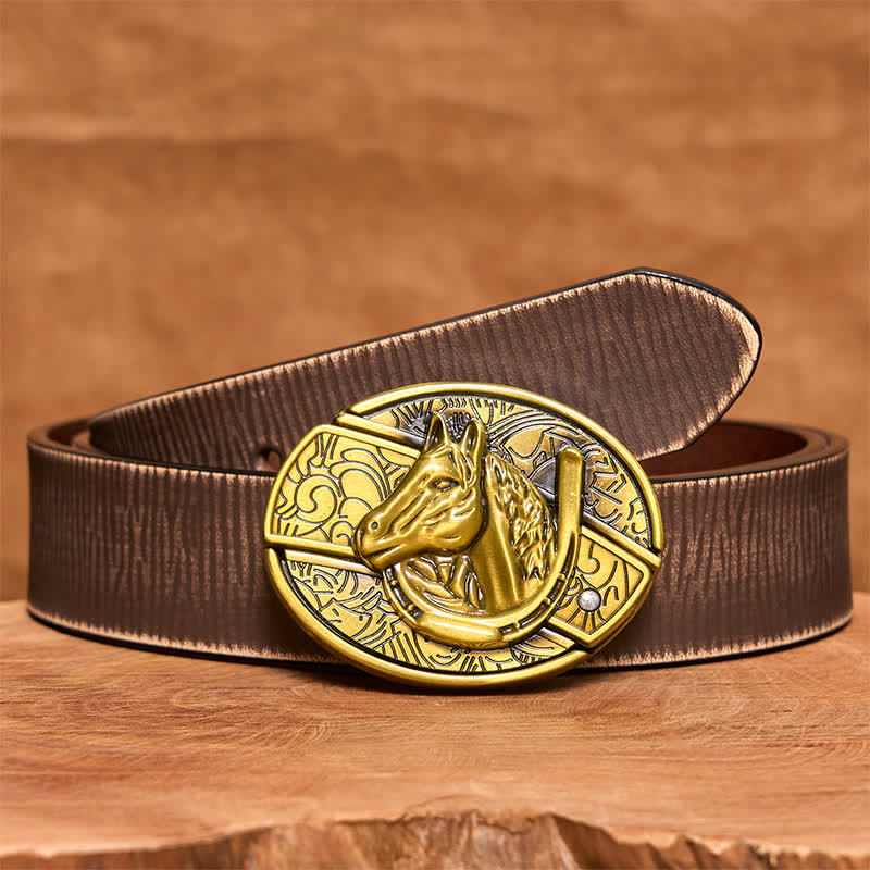 Men's DIY Bronze Horse Head Hidden Folding Knife Leather Belt
