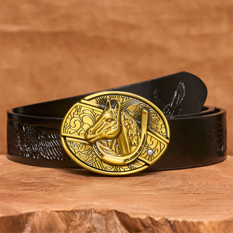 Men's DIY Bronze Horse Head Hidden Folding Knife Leather Belt