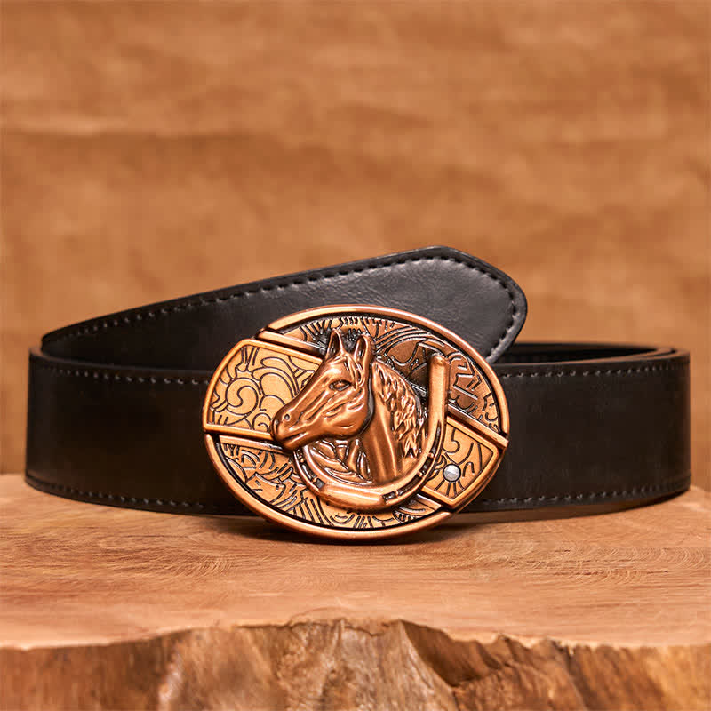 Men's DIY Red Bronze Horse Head Hidden Folding Knife Leather Belt
