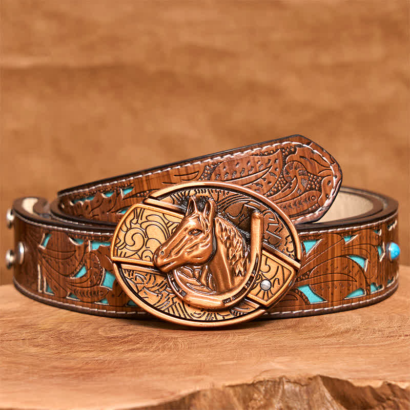 Men's DIY Red Bronze Horse Head Hidden Folding Knife Leather Belt