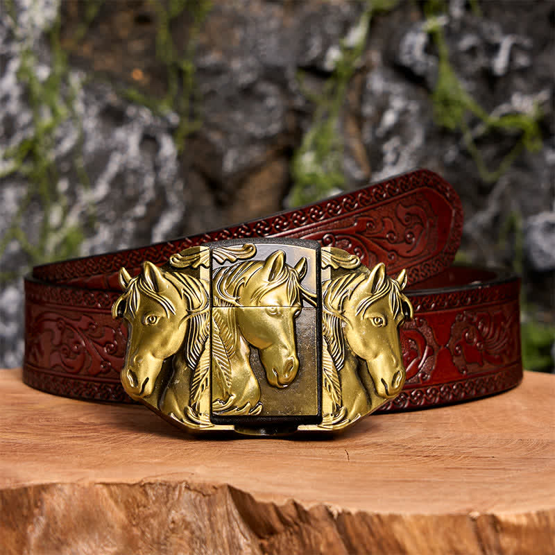 Men's DIY Bronze Triple Horses Leather Belt With Hidden Lighter