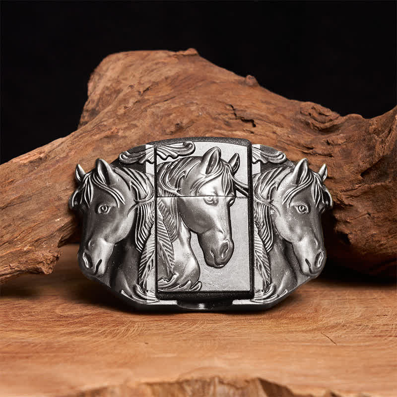Men's DIY Silver Triple Horses Leather Belt With Hidden Lighter