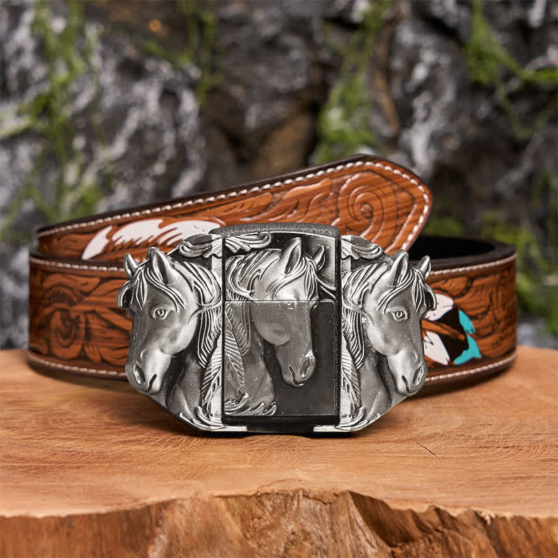 Men's DIY Silver Triple Horses Leather Belt With Hidden Lighter