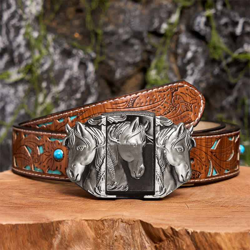Men's DIY Silver Triple Horses Leather Belt With Hidden Lighter