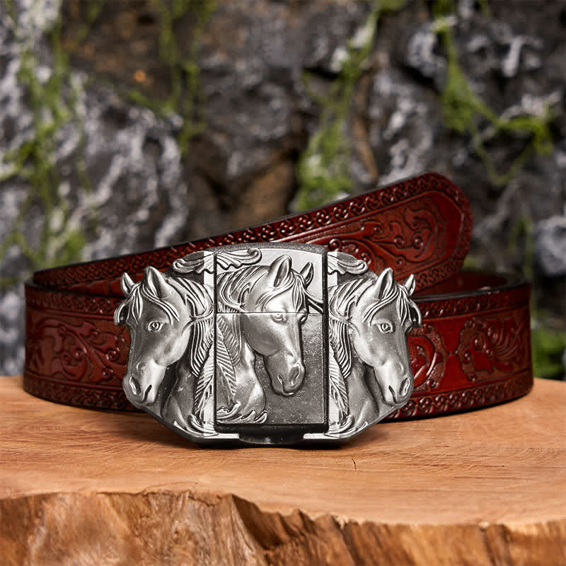 Men's DIY Silver Triple Horses Leather Belt With Hidden Lighter