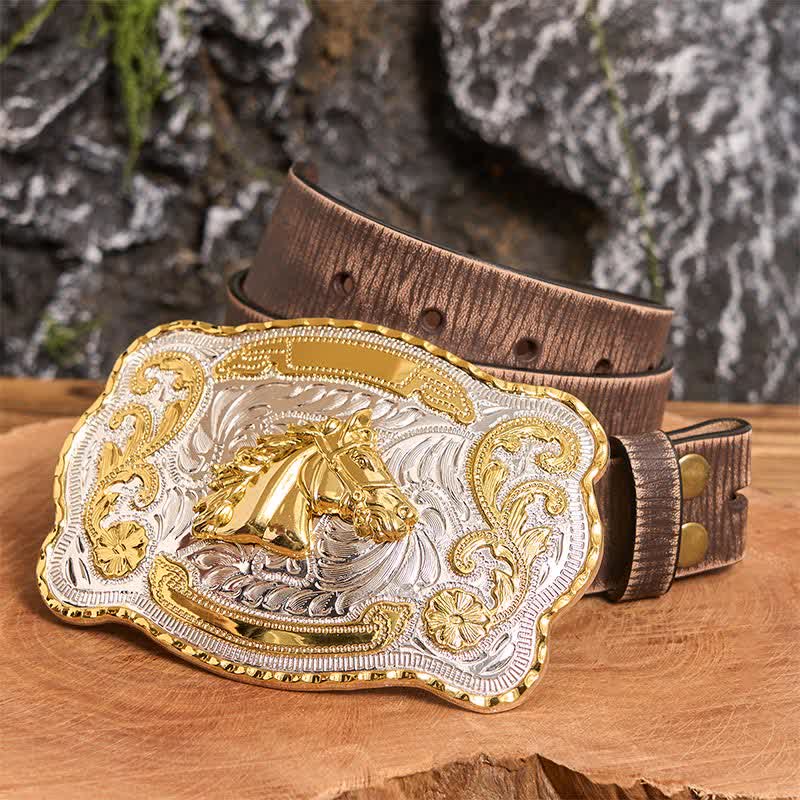 Gold Horse Head DIY Western Cowboy Buckle Leather Belt