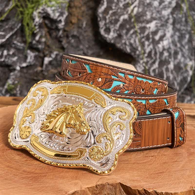 Gold Horse Head DIY Western Cowboy Buckle Leather Belt