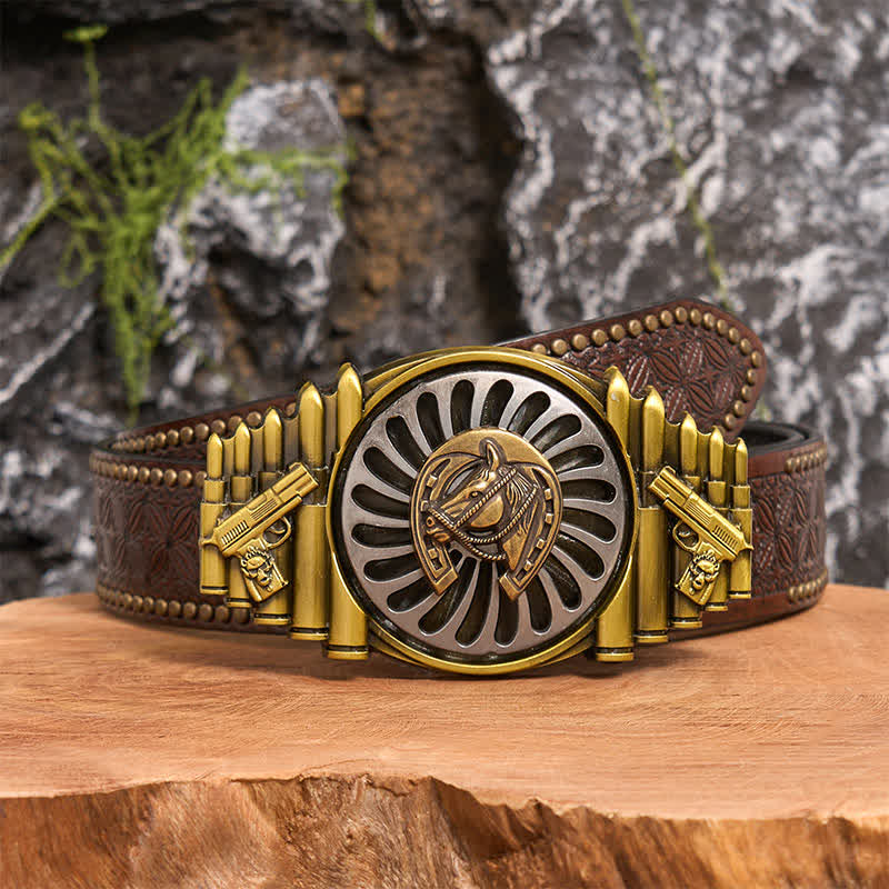 Rotating Bronze Horseshoe DIY Gun & Bullet Pattern Buckle Leather Belt