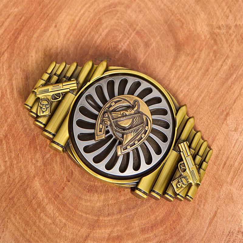 Rotating Bronze Horseshoe DIY Gun & Bullet Pattern Buckle Leather Belt