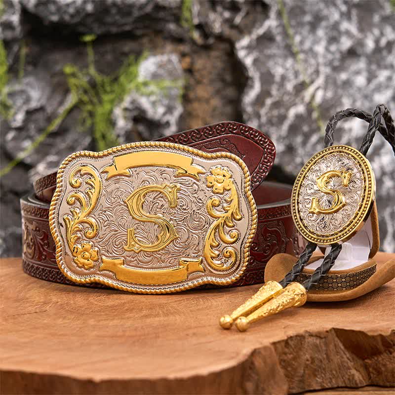 Initial Letter DIY Large Belt Buckle Gold Bolo Tie Bundle Set