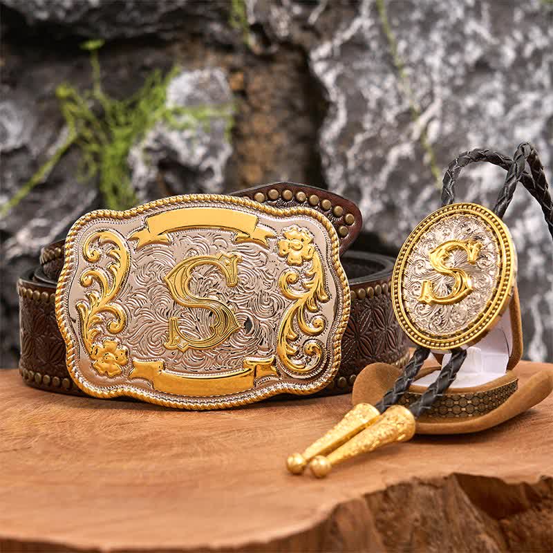 Initial Letter DIY Large Belt Buckle Gold Bolo Tie Bundle Set