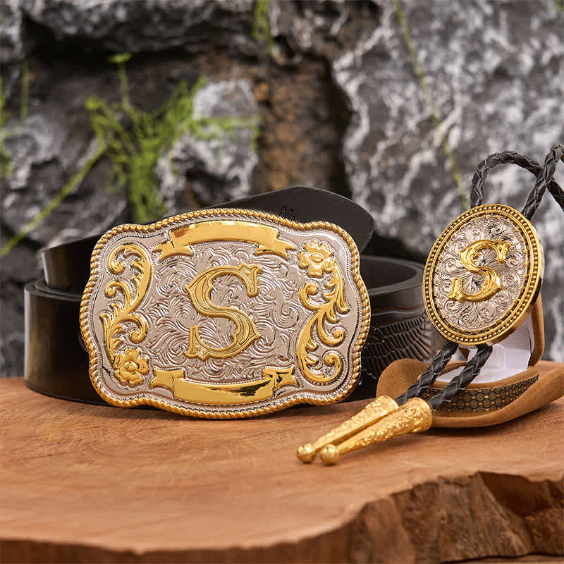 Initial Letter DIY Large Belt Buckle Gold Bolo Tie Bundle Set
