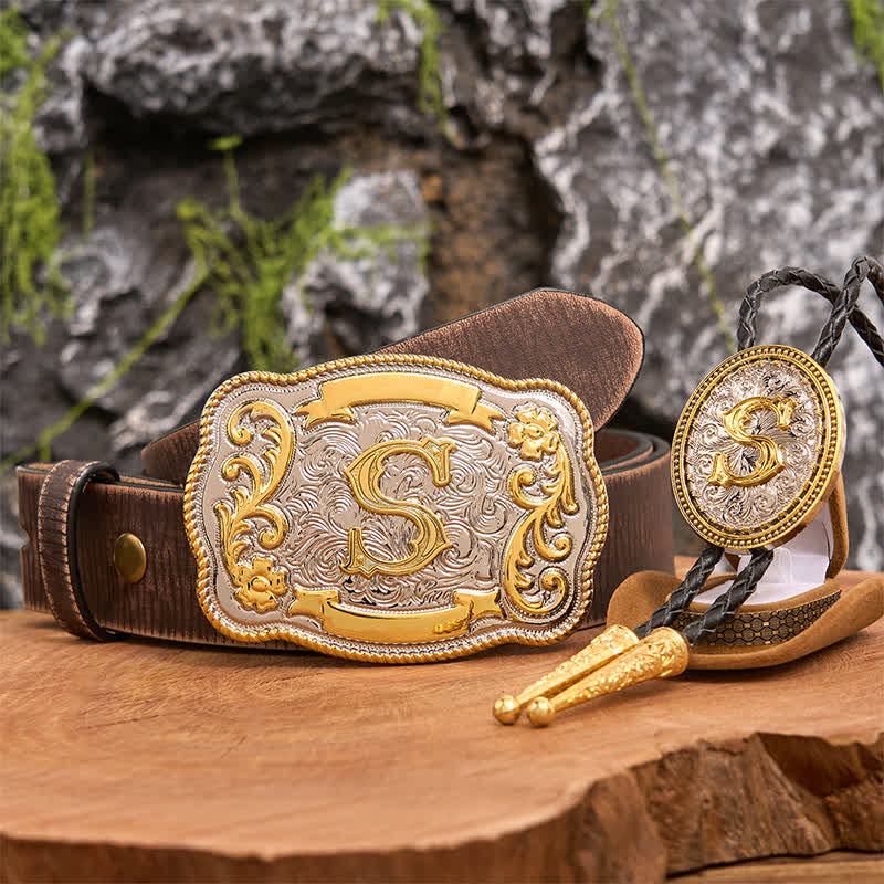 Initial Letter DIY Large Belt Buckle Gold Bolo Tie Bundle Set