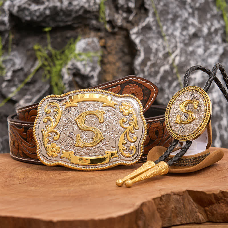 Initial Letter DIY Large Belt Buckle Gold Bolo Tie Bundle Set
