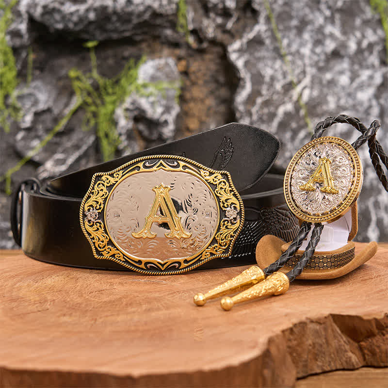 Golden Black Initial Letter DIY Belt Buckle Gold Bolo Tie Bundle Set