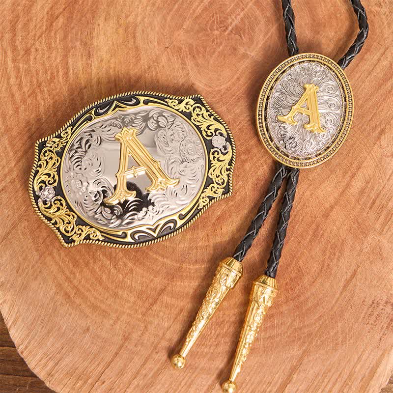 Golden Black Initial Letter DIY Belt Buckle Gold Bolo Tie Bundle Set