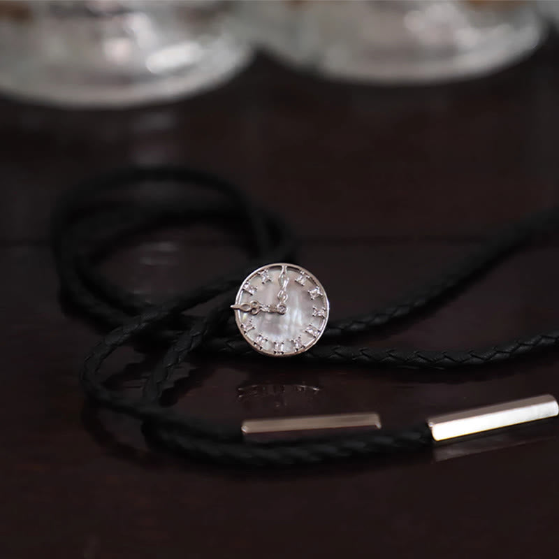 Unisex Vintage Silver Stationary Clock Design Bolo Tie