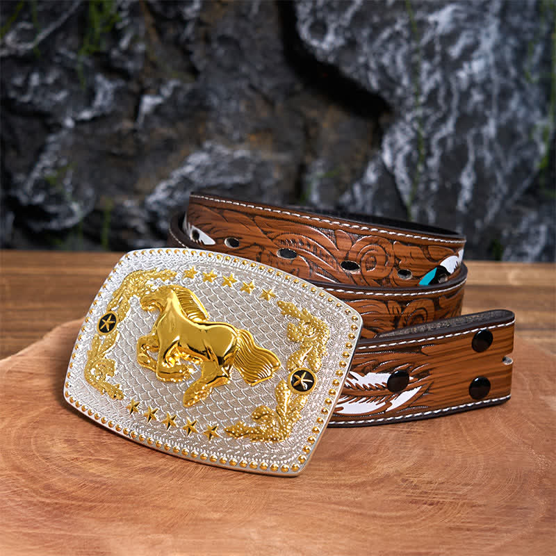 Rectangular DIY Two Tone Running Horse Large Buckle Leather Belt