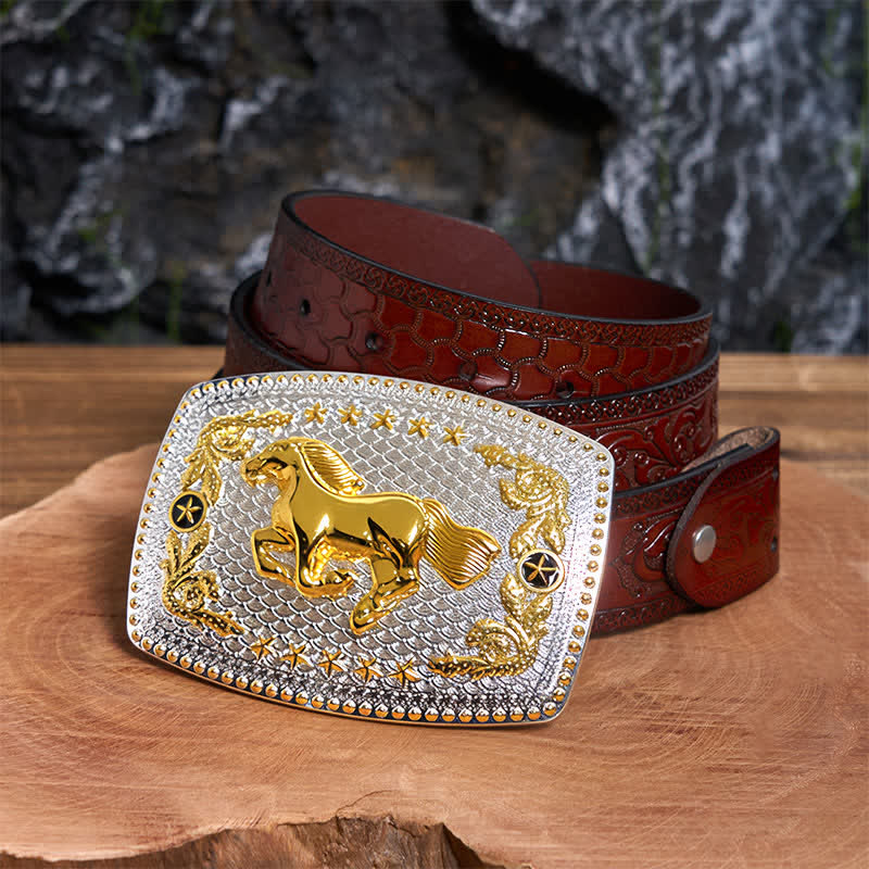 Rectangular DIY Two Tone Running Horse Large Buckle Leather Belt