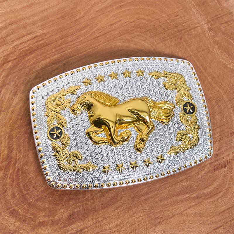 Rectangular DIY Two Tone Running Horse Large Buckle Leather Belt