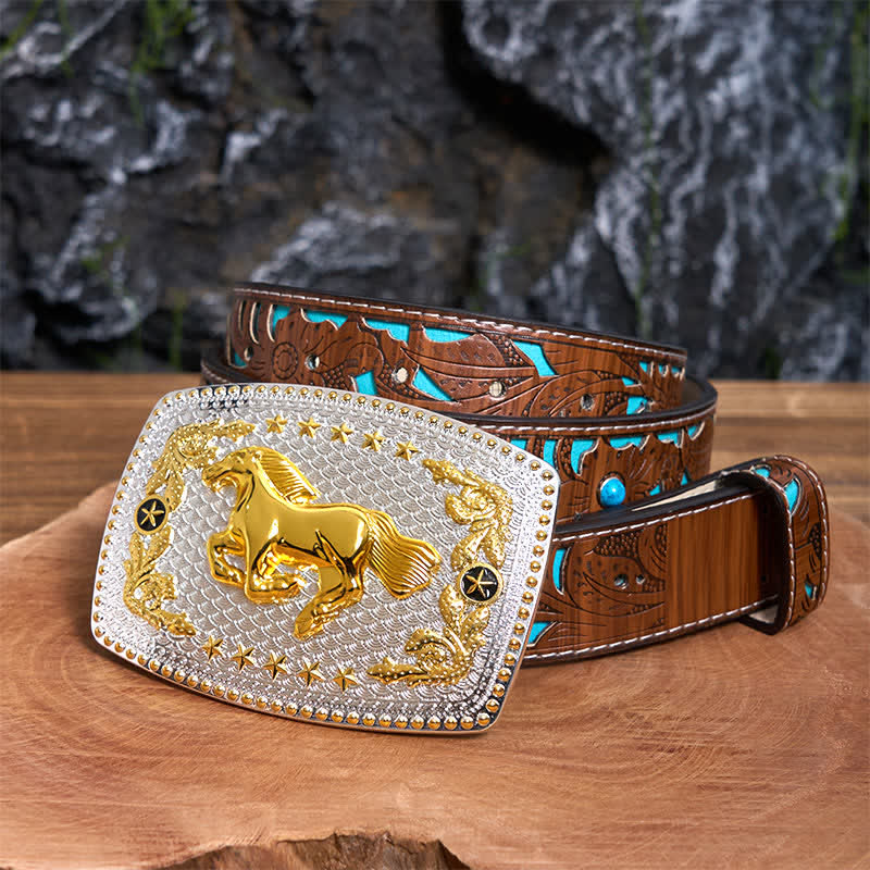 Rectangular DIY Two Tone Running Horse Large Buckle Leather Belt