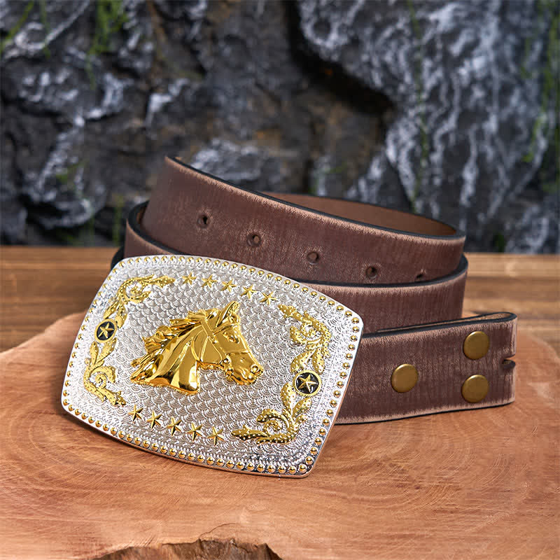 Rectangular DIY Two Tone Horse Head Large Buckle Leather Belt