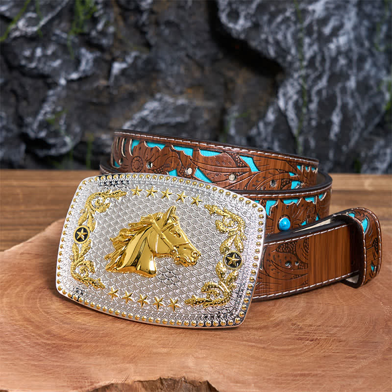 Rectangular DIY Two Tone Horse Head Large Buckle Leather Belt