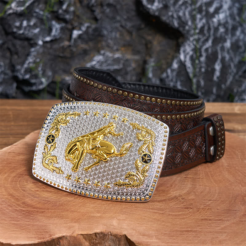 Rectangular DIY Two Tone Horse Riding Large Buckle Leather Belt
