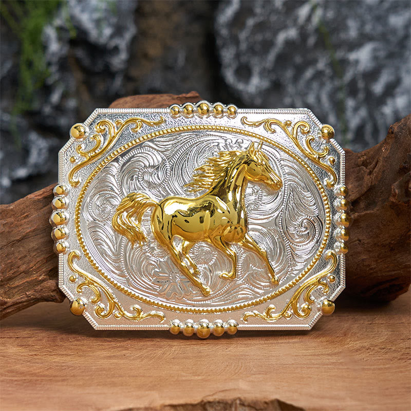 Golden Running Horse DIY Cowboy Buckle Leather Belt