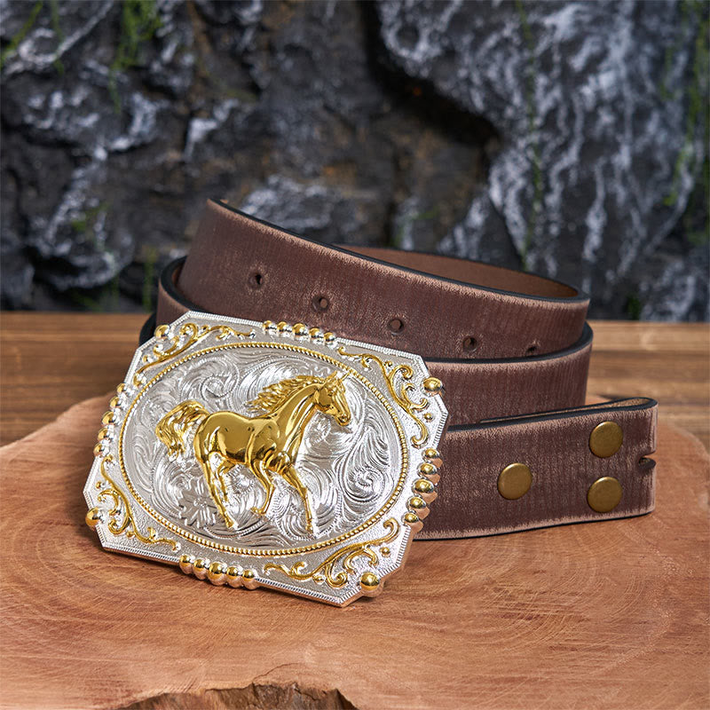 Golden Running Horse DIY Cowboy Buckle Leather Belt