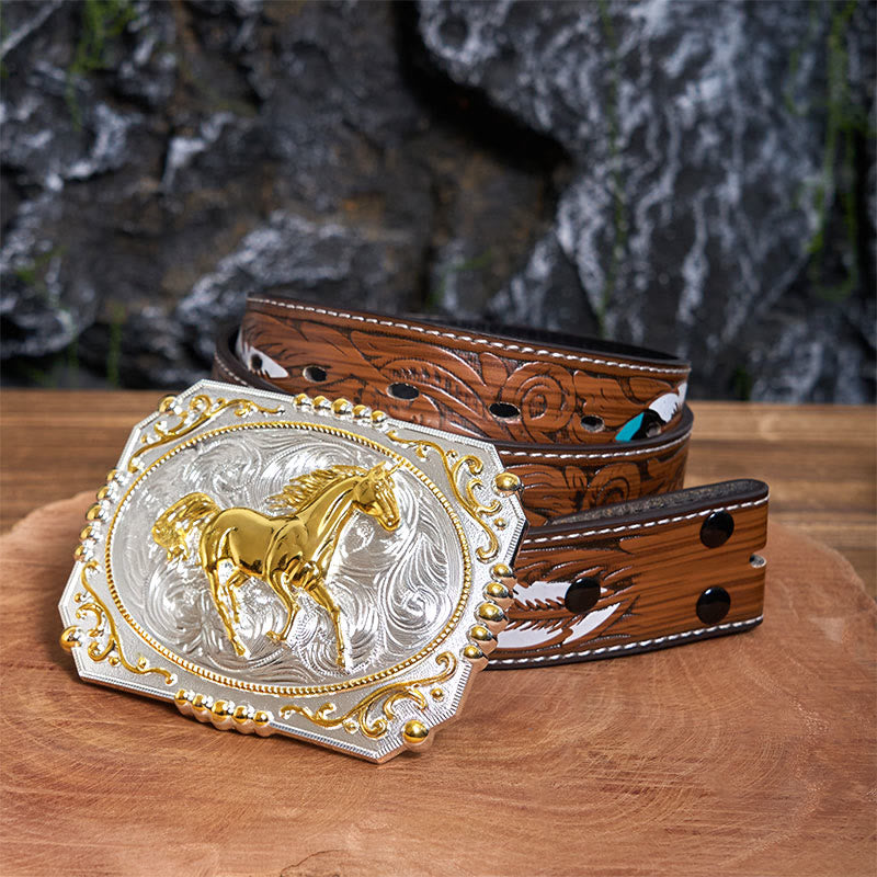 Golden Running Horse DIY Cowboy Buckle Leather Belt