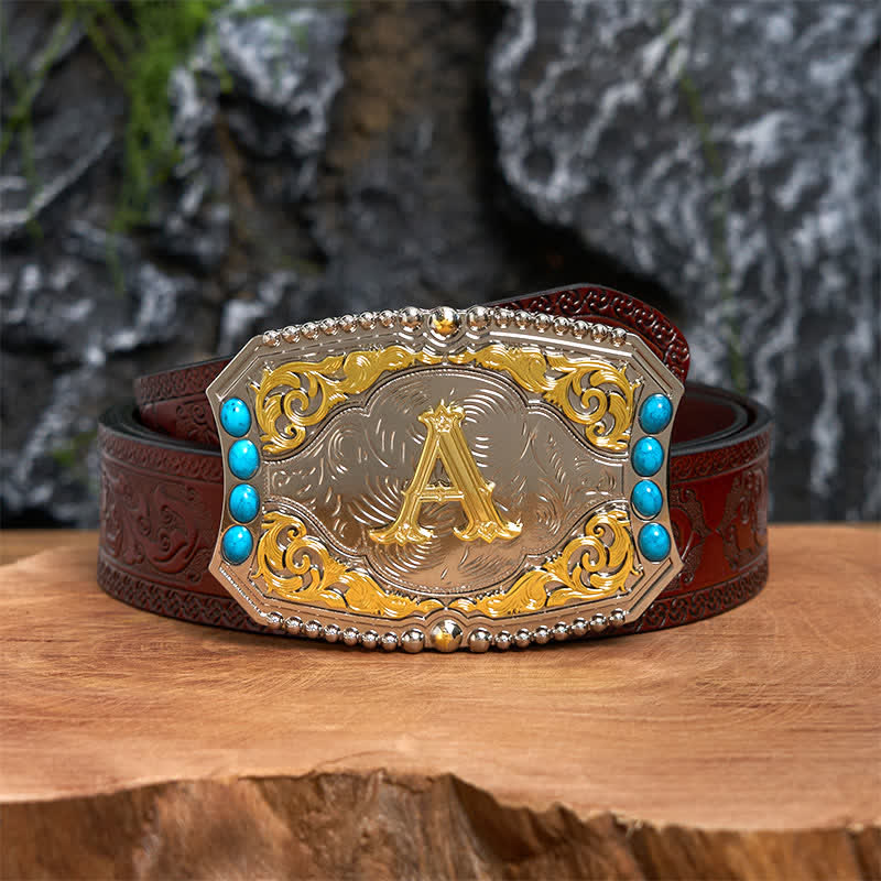 Decorative Turquoise DIY Initial Letter Buckle Leather Belt