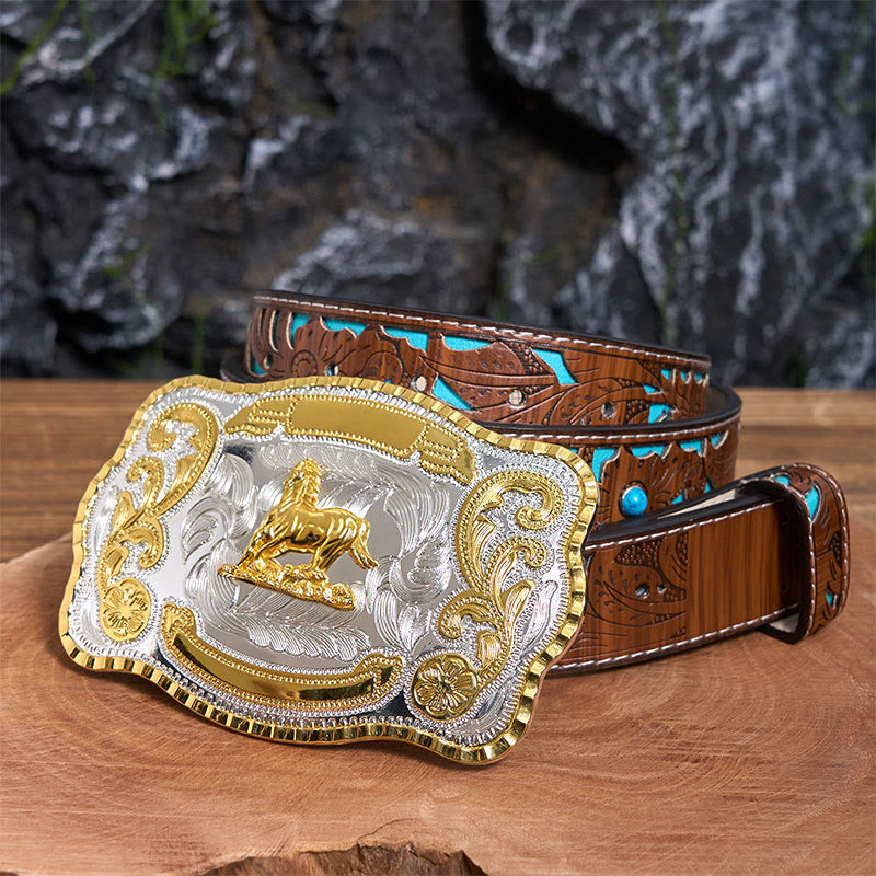 Golden Gallant Horse DIY Cowboy Buckle Leather Belt