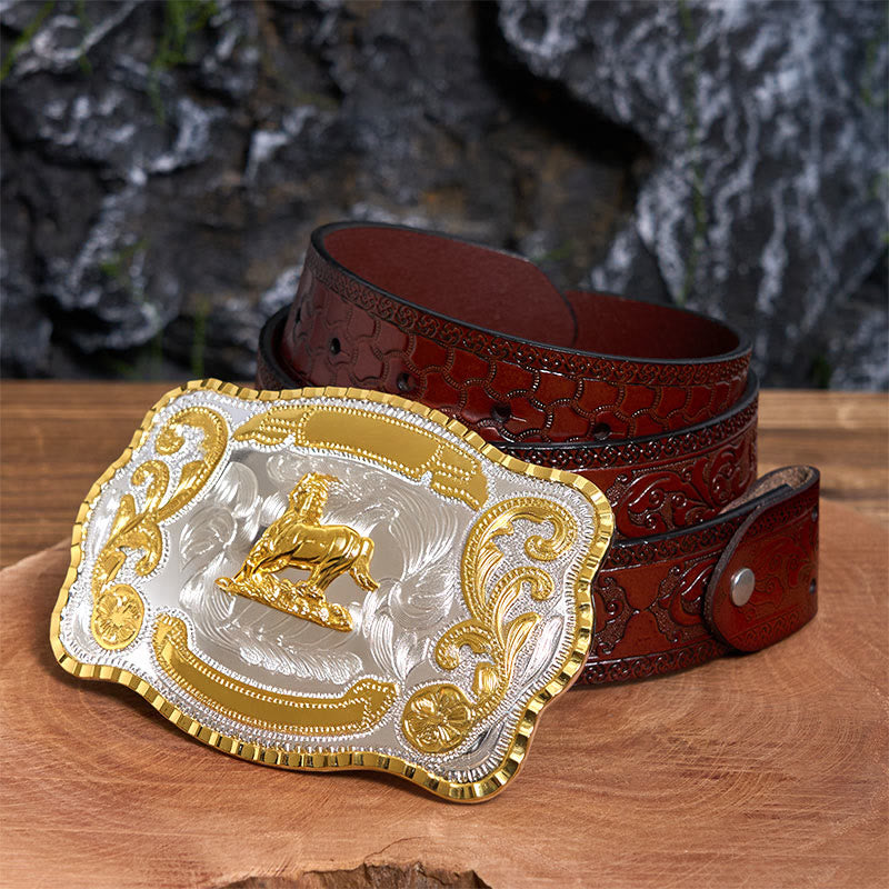 Golden Gallant Horse DIY Cowboy Buckle Leather Belt