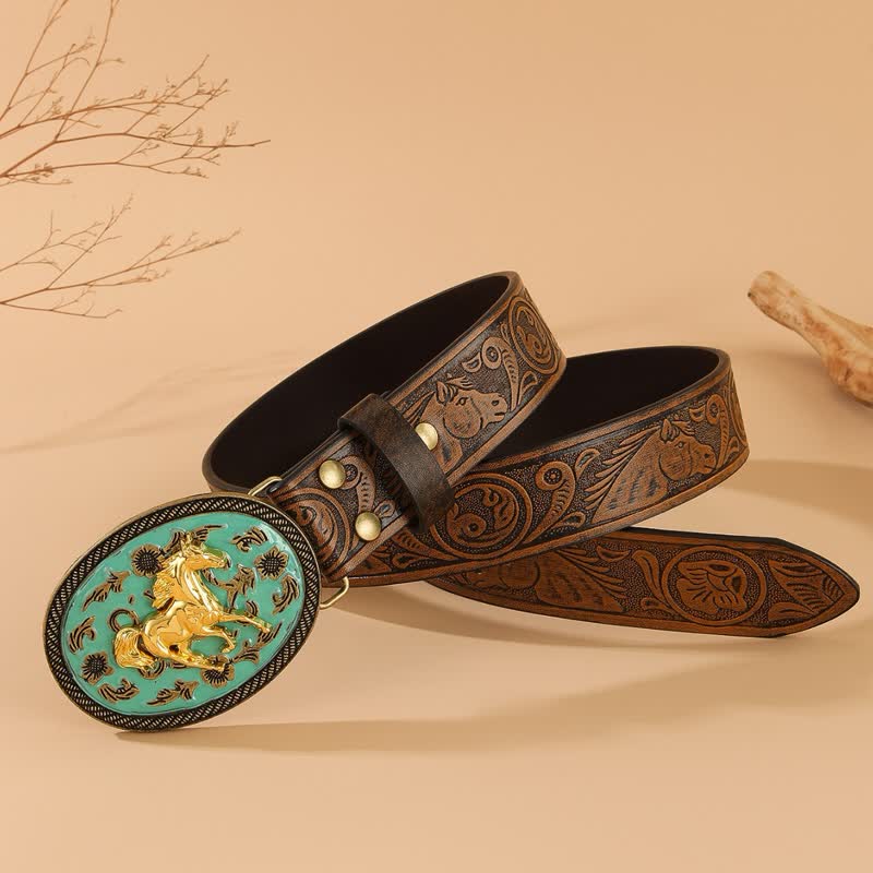 Gold Horse Turquoise-Tone Buckle Horse Embossed Leather Belt