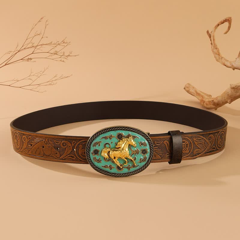 Gold Horse Turquoise-Tone Buckle Horse Embossed Leather Belt