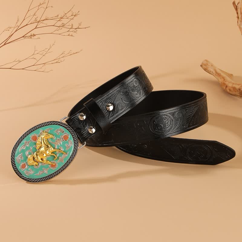 Horse Theme Turquoise-Tone Buckle Black Embossed Leather Belt