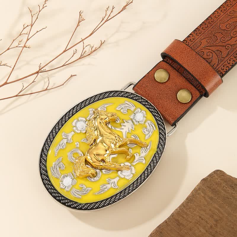 Running Horse Yellow Colored Buckle Embossed Leather Belt