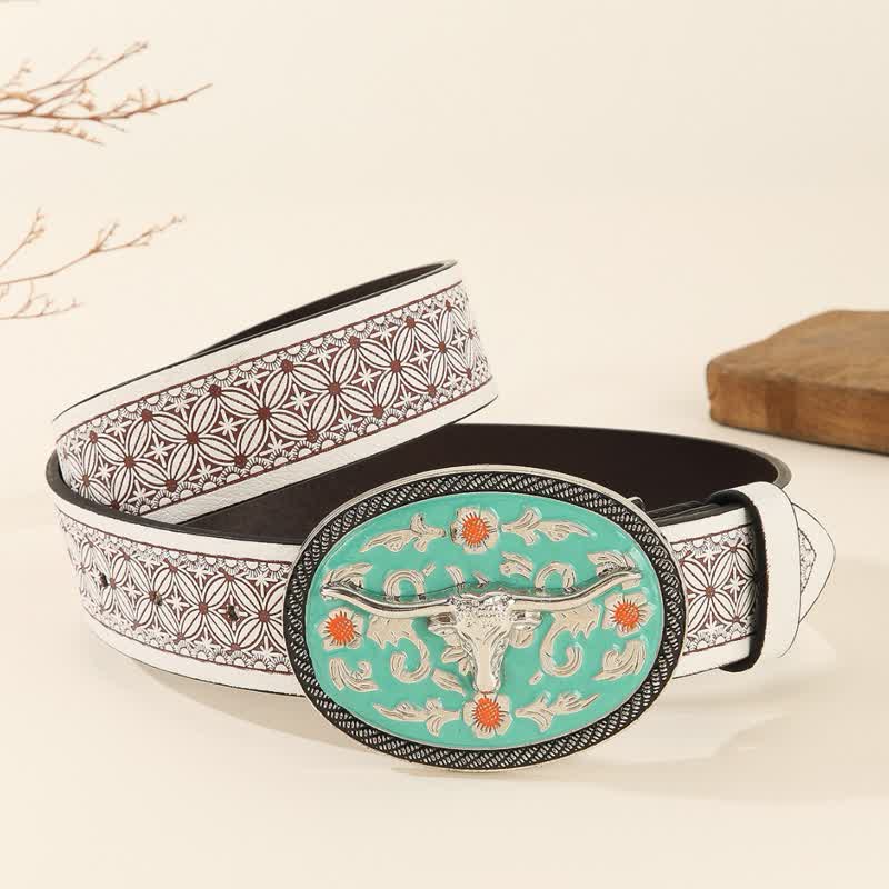 Longhorn Bull Turquoise-Tone Buckle Embossed Leather Belt
