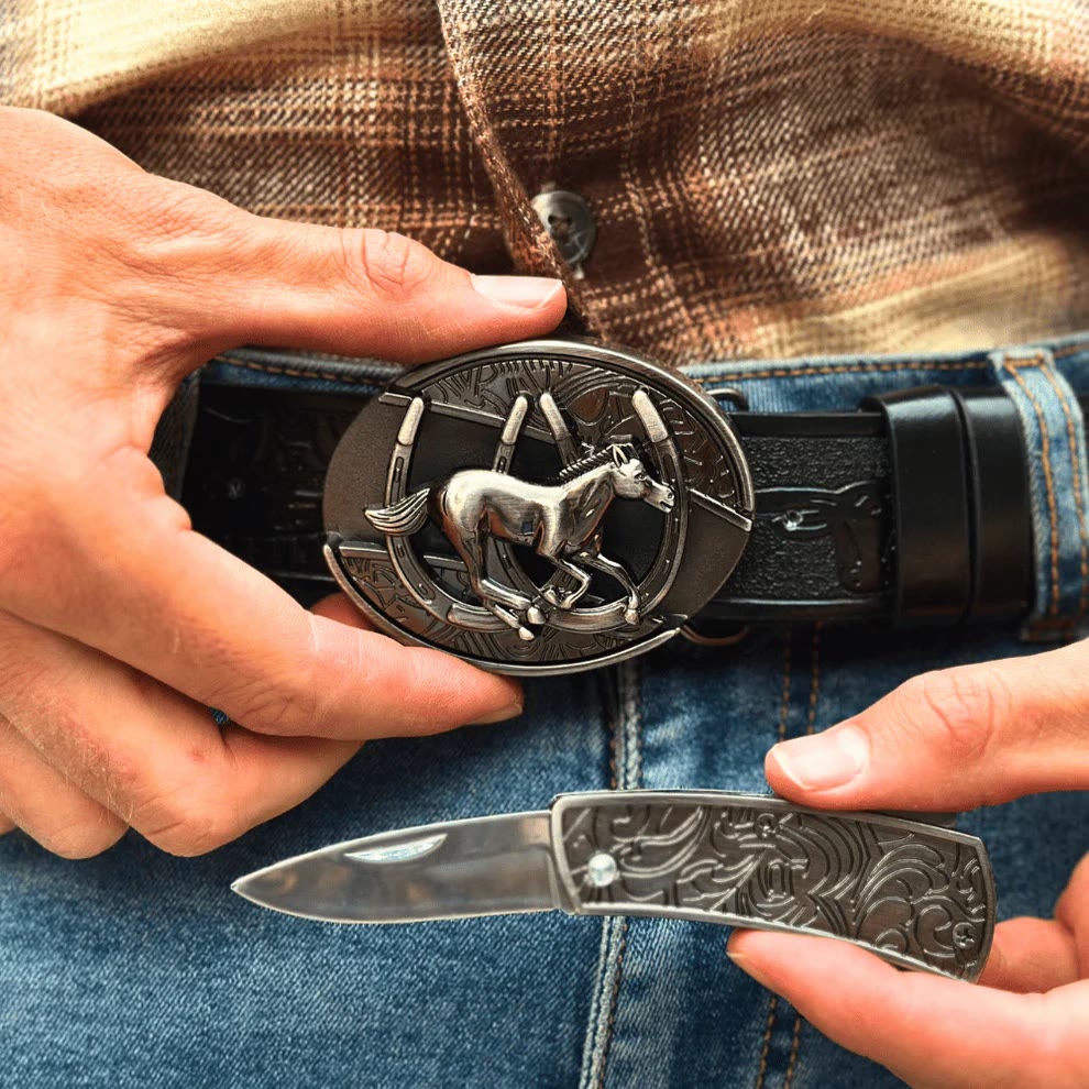 Men's DIY Galloping Horse Hidden Folding Knife Leather Belt