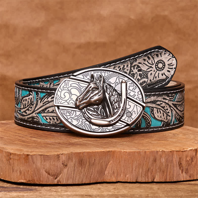 Men's DIY Horse Head Hidden Folding Knife Leather Belt