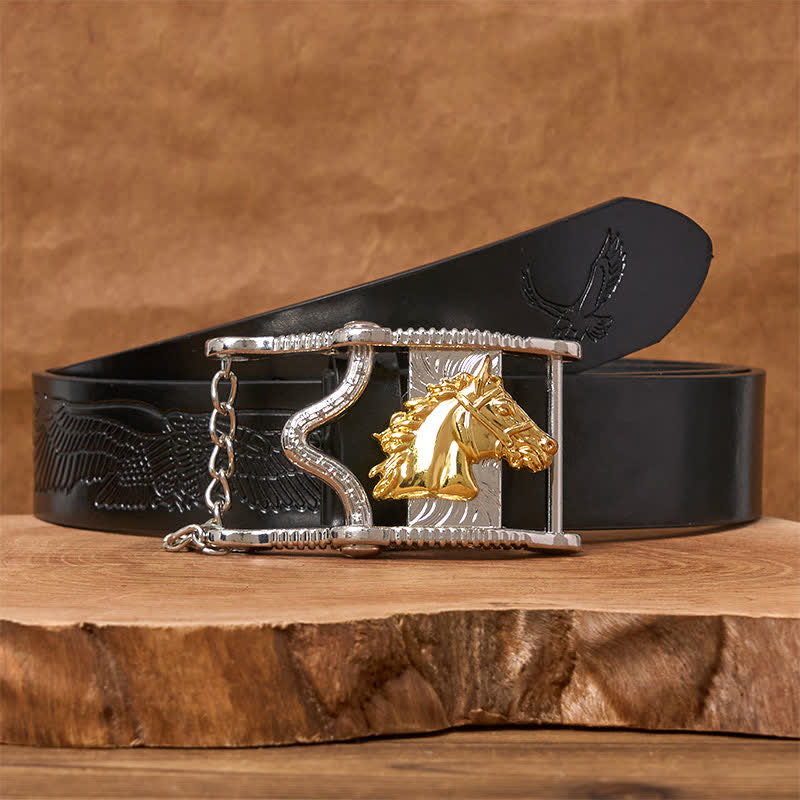 Hollow Out Gold & Silver Horse Head Buckle Leather Belt