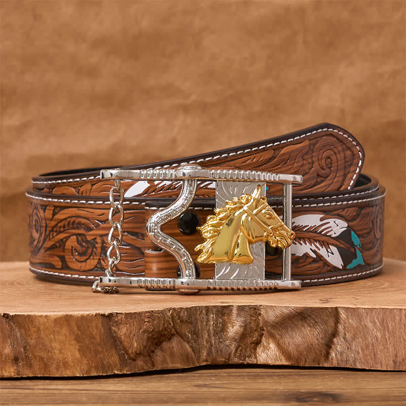 Hollow Out Gold & Silver Horse Head Buckle Leather Belt
