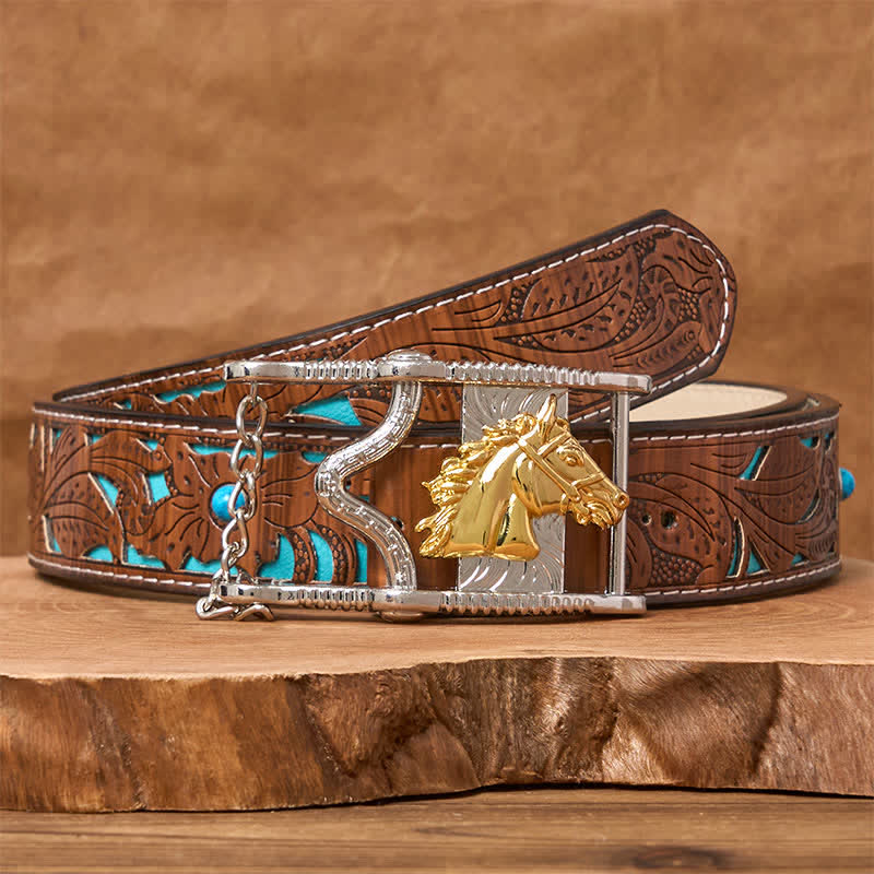 Hollow Out Gold & Silver Horse Head Buckle Leather Belt
