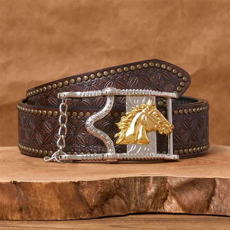 Hollow Out Gold & Silver Horse Head Buckle Leather Belt